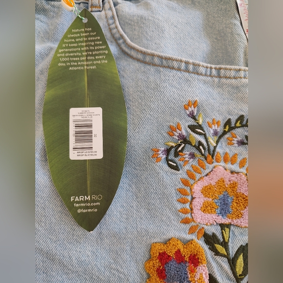 Farm Rio Summer Garden Embroidered Denim Shorts High-Waist Light Wash Size 32 - Picture 9 of 9